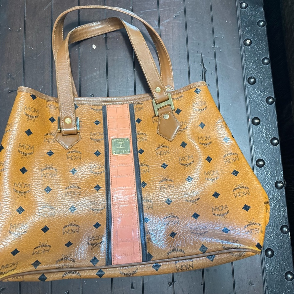 MCM Brown and Tan Tote Bag with Signature Monogram